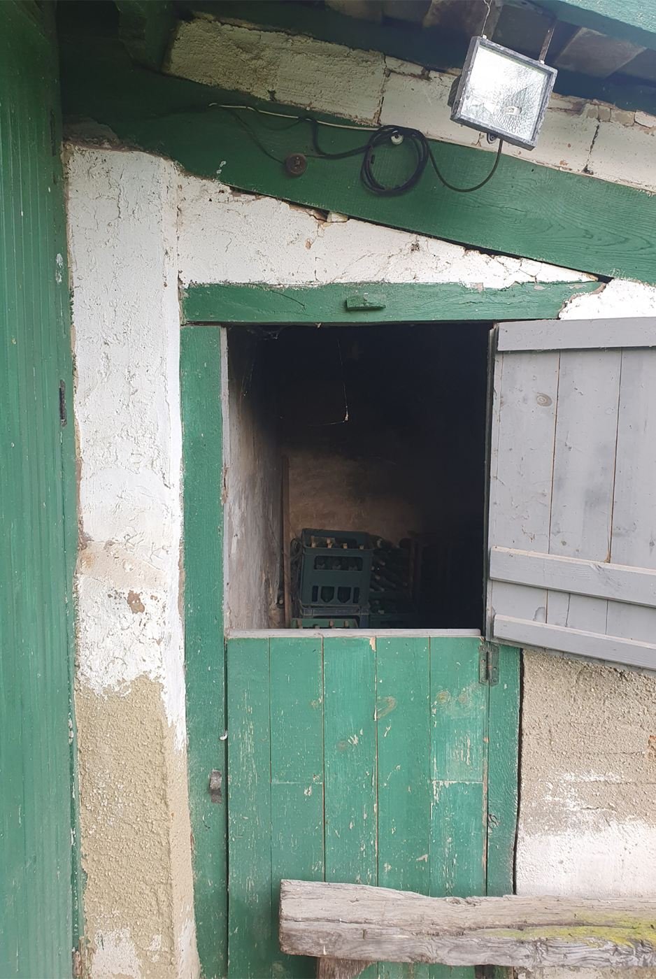 Reforma en Miyares: puerta partida de madera pintada de verde en un muro encalado